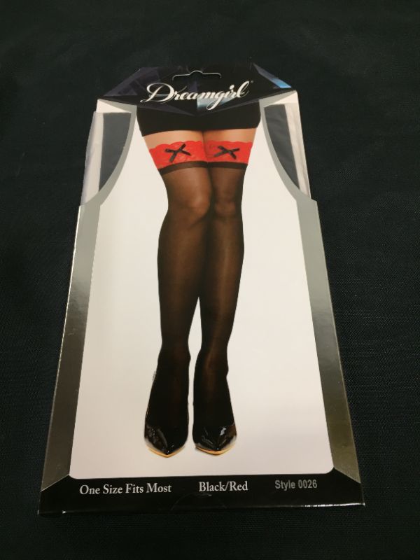 Photo 2 of Dreamgirl Women's Sheer Thigh-High Stockings with Contrast Lace and Bow- ONE SIZE FITS MOST 
