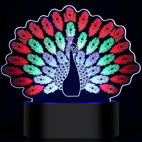 Photo 1 of 3D Night Light Peacock Illusion LED Light, Creative Gift Vision Light. Touch Control Room Decoration Table Lamp. Suitable for Boys and Girls Birthday Gifts Bedroom Decoration
