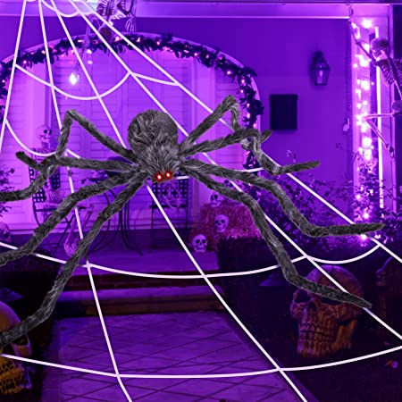 Photo 1 of 79" Light Up Giant Spider Halloween Decorations with 197" Spider Web, Large Spiders with Flashing Eyes for Outside House, Costumes Party, Yard, Indoor Outdoor Halloween Decorations
