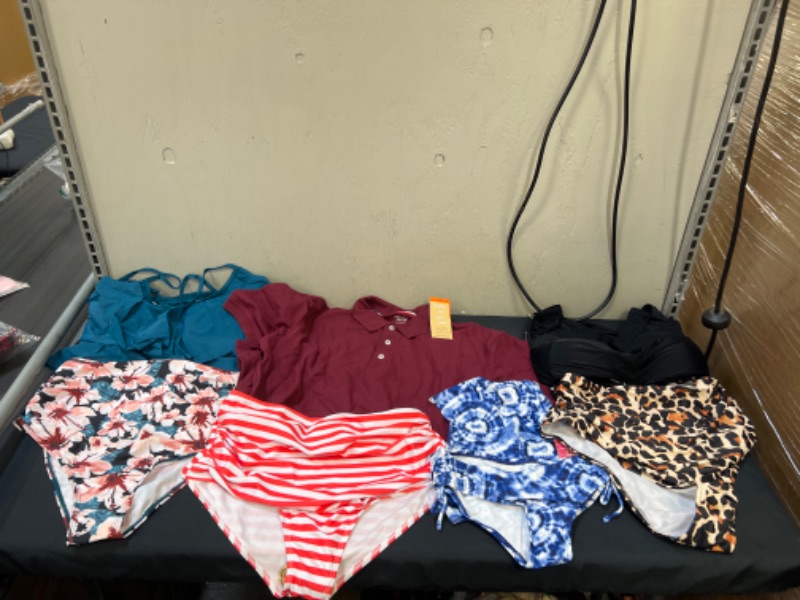 Photo 1 of 5PC LOT, VARIOUS CLOTHES ITEMS, SIZES ARE L, XL, XXL IN WOMENS, KIDS MAROON SHIRT IS BOYS XL, BLUE KIDS BATHING SUIT IS GIRLS SIZE 10