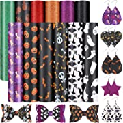 Photo 1 of 12 Sheets Halloween Faux Leather Sheet Halloween Pattern Fabric Sheet Skull Bat Printed Synthetic Leather Fabric Sheet 7.9 x 6 Inch with Hair Clip Earring Kits for Making Halloween Theme Earring
