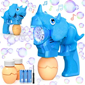 Photo 1 of Coomarble Dinosaur Bubble Gun Machine, Bubble Machine with LED Light and Music, Handheld Electric Bubble Maker for Kids, Party Favors with 2 Bubble Refill Solutions, 3 Batteries Included-----factory sealed