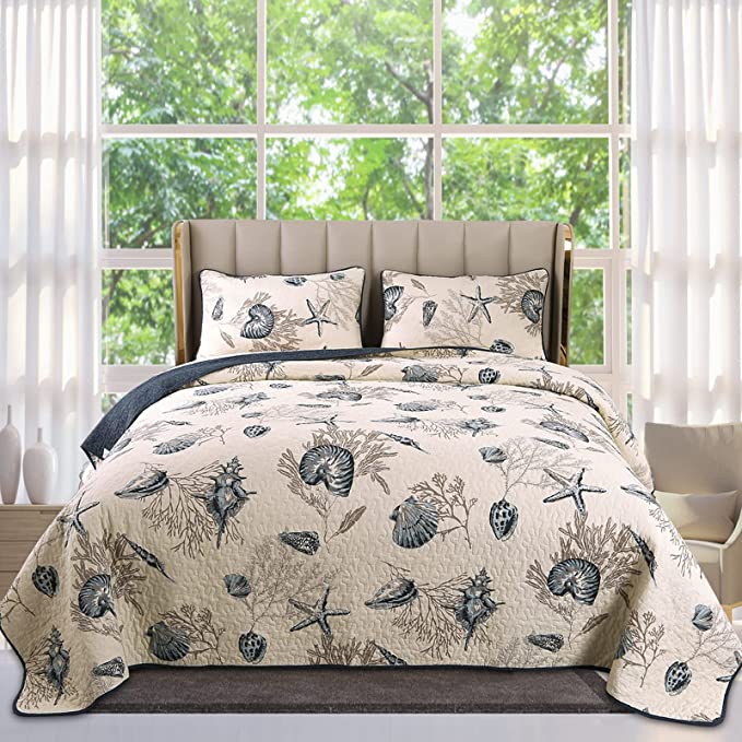 Photo 1 of  2 Pieces Blue Starfish Shells Print for Boys and Girls, Quilted Bedspread and Coverlet with 1 Pillowcase, 69" x 86"----factory sealed