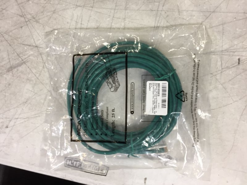 Photo 2 of Monoprice Cat6 Ethernet Patch Cable - 25 Feet - Green, RJ45, Stranded, 550Mhz, UTP, Pure Bare Copper Wire, 24AWG - Zeroboot Series
