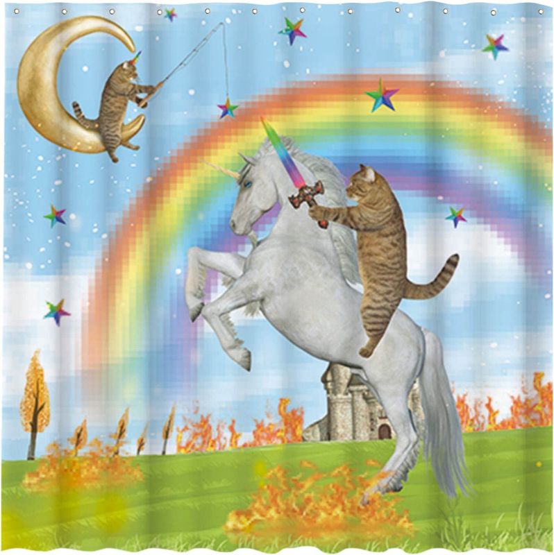 Photo 1 of Allenjoy 72x72 Funny Cat with Sword Shower Curtain for Bathroom Set Awesome Unicorn Battle Home Bath Decor Decoration Durable Waterproof Fabric Machine Washable Curtains with 12 Hooks
