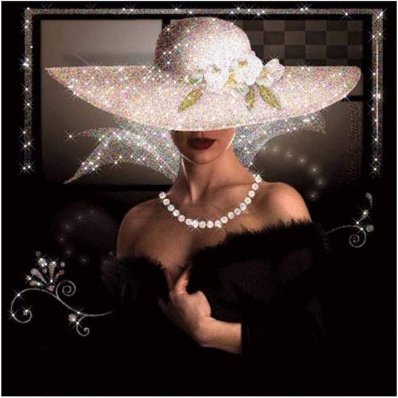 Photo 1 of (15.8x15.8inch) Round Diamond Painting 3D Embroidery Diamond Mosaic Pattern Rhinestone Painting Woman in A Black Dress Wearing A Hat Gift
