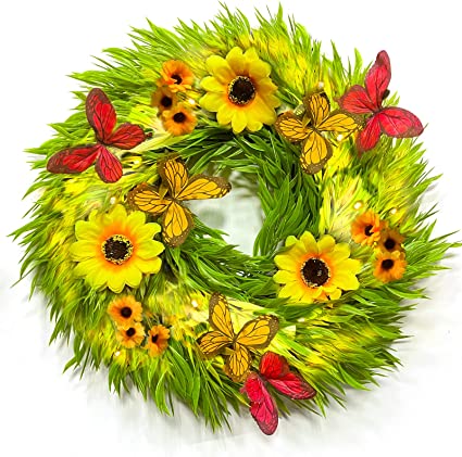 Photo 1 of 18" Prelit Summer Wreath Front Door Decor Artificial Sunflower Fall Wreath 30 Lights ,Battery Operated Boxwood Summer Wreath Decoration Spring Indoor Outdoor Home Window Wall Farmhouse