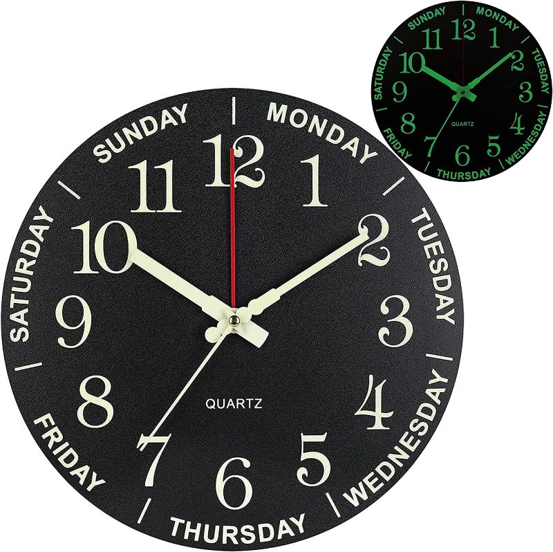 Photo 1 of 12 Inches Silent Non-Ticking Wooden Retro Decorative Wall Clock, Large Vintage Night Light Round Clocks for Home, Office, Kitchen, Living Room, Bedroom, Battery Operated, Black