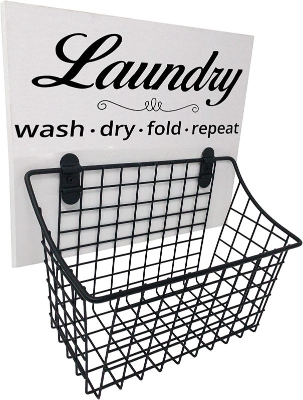 Photo 1 of Wooden Laundry Room Sign and Basket - White Wooden Laundry Sign Wash, Dry, Fold & Repeat and Basket - Rustic Laundry Room Signs and Steel Farmhouse Basket - Laundry Room Wall Decor