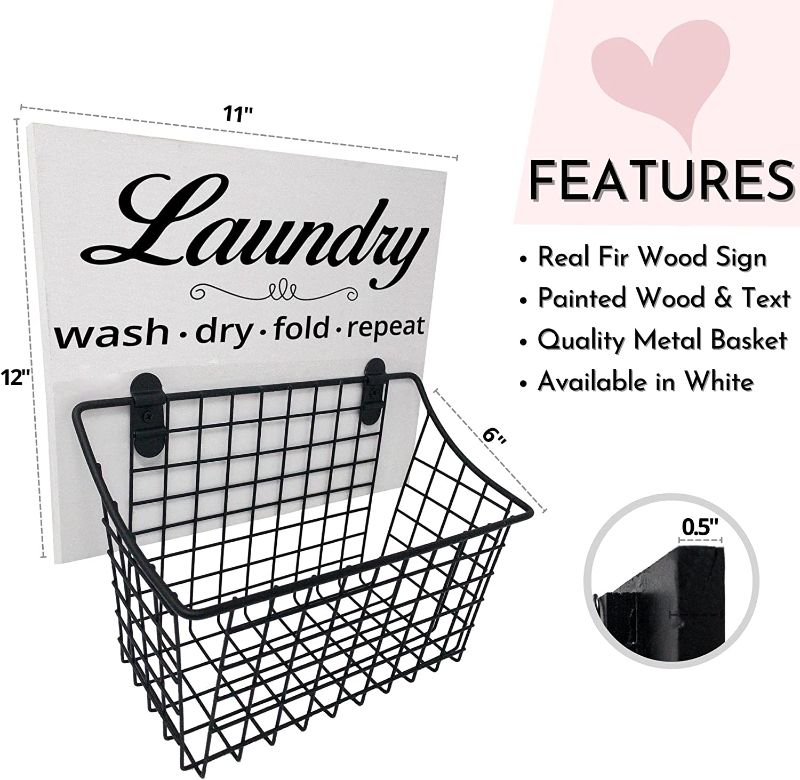 Photo 2 of Wooden Laundry Room Sign and Basket - White Wooden Laundry Sign Wash, Dry, Fold & Repeat and Basket - Rustic Laundry Room Signs and Steel Farmhouse Basket - Laundry Room Wall Decor