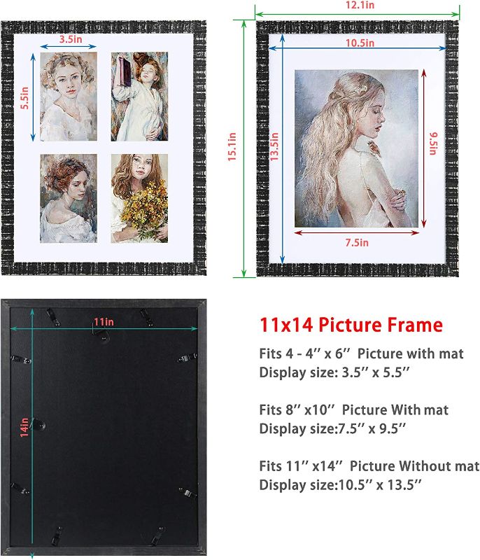 Photo 2 of 2 Pack 11x14 Picture Frame Rustic Black Made of Solid Wood with Real Glass, Includes 4 Mats Display Pictures 4-4x6/8x10 with Mat or 11x14 frame Without Mat, Wall Gall Gallery Photo Frames