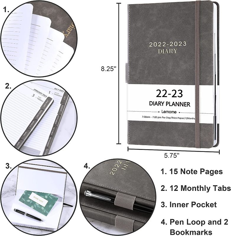 Photo 2 of 2022-2023 Diary - 2022-2023 Daily Planner, Appointment Book 5-3/4" x 8-1/2", July 2022 - June 2023 , Daily Planner with Monthly Tabs, Inner Pocket/Pen Loop/Banded/Bookmarks