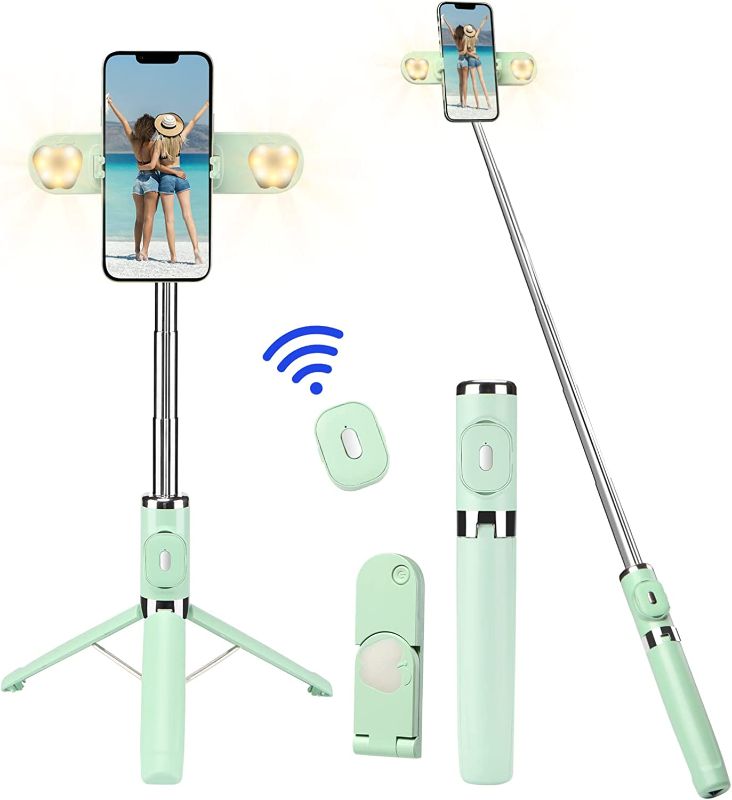 Photo 1 of MQOUNY Selfie Stick Tripod for iPhone,Stylishly Shaped Dual Lights,Portable All-in-One Professional Travel Tripod with Wireless Remote Compatible with iPhone 13/13 Pro/Android Smartphone (Green)