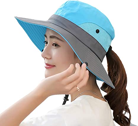Photo 1 of Womens UV Protection Wide Brim Sun Hats - Cooling Mesh Ponytail Hole Cap Foldable Travel Outdoor Fishing Hat