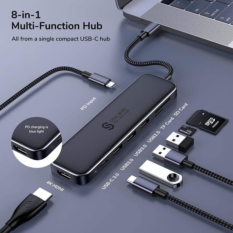 Photo 2 of Syncwire USB C Hub 8-in-1 USB C Adapter with 4K HDMI, 100W Power Delivery, USB-C 3.0 and 2 USB-A 3.0 5Gbps Data Ports, SD and microSD Card Reader for MacBook Pro/iPad Pro/Type-C Laptop and More
