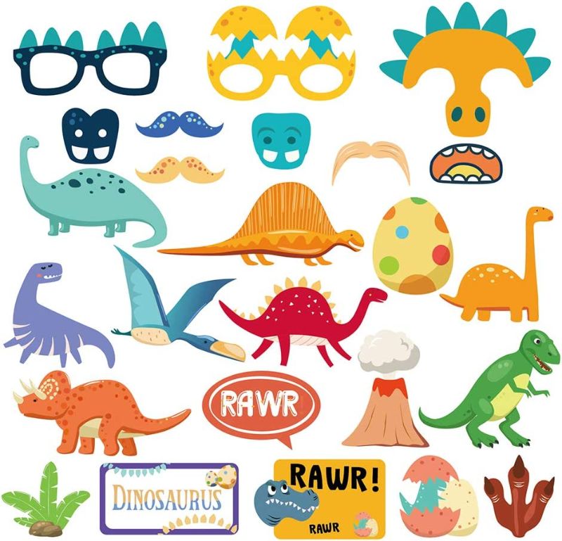 Photo 1 of 25CT Dinosaurs Photo Booth Props with Stick,Fossils Selfie Props,Jurassic Themed First Birthday Party Supplies,Dinosaurs Theme Backdrop Decorations
