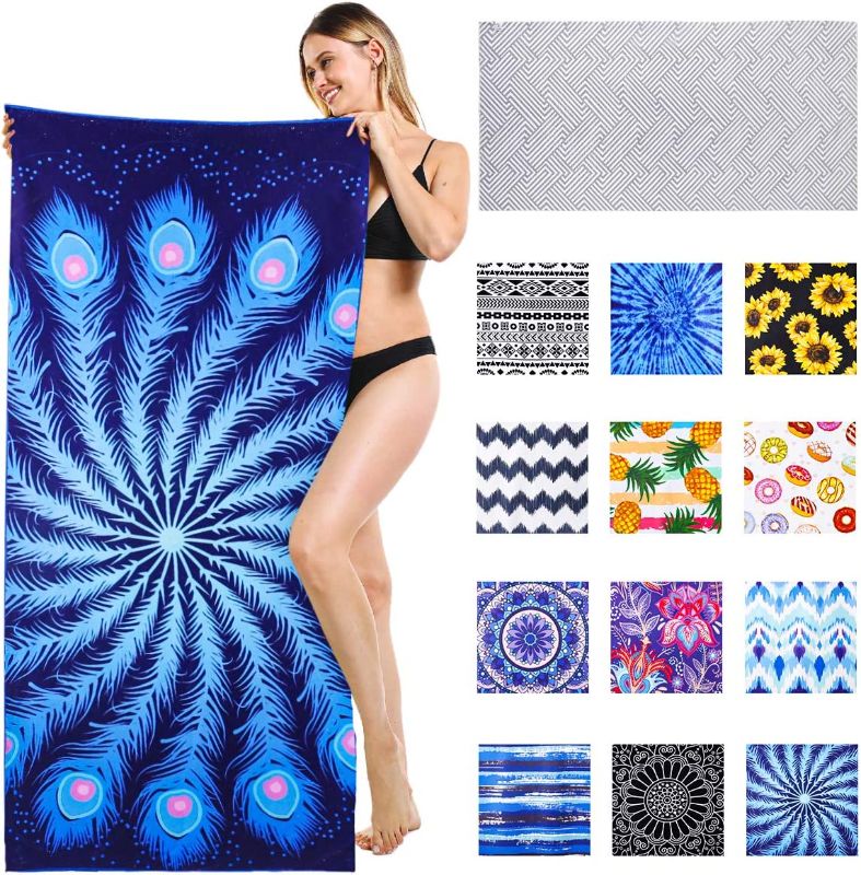 Photo 1 of Blue Peacock Boho Microfiber Pool Beach Towel Blanket-30x68 Oversized Large Clearance Super Absorbent Camping Travel Swim Towels Yoga Mat for Body, Best Personalized Girls Women Men Adults Gift
