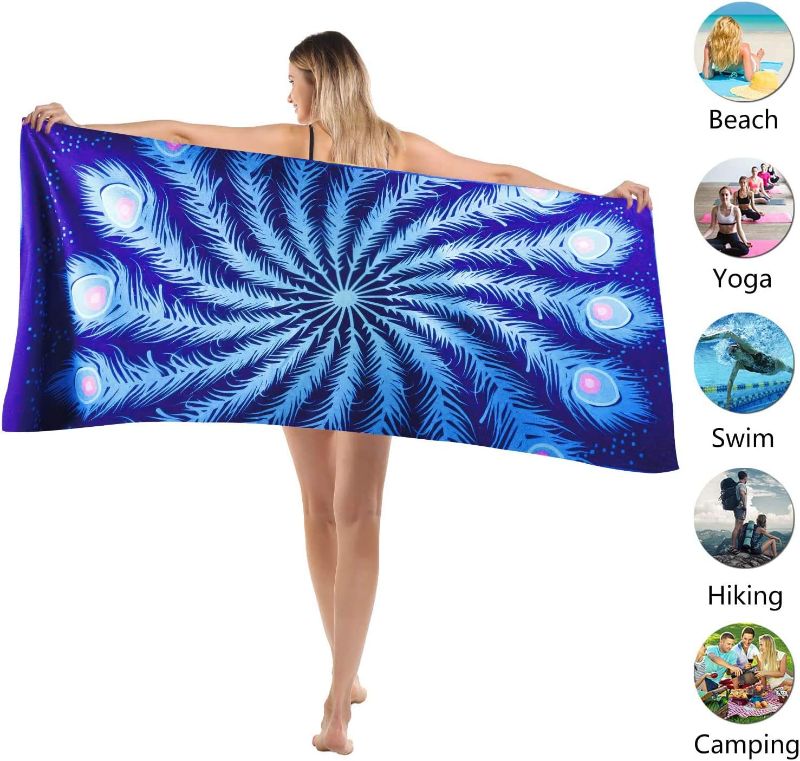 Photo 2 of Blue Peacock Boho Microfiber Pool Beach Towel Blanket-30x68 Oversized Large Clearance Super Absorbent Camping Travel Swim Towels Yoga Mat for Body, Best Personalized Girls Women Men Adults Gift
