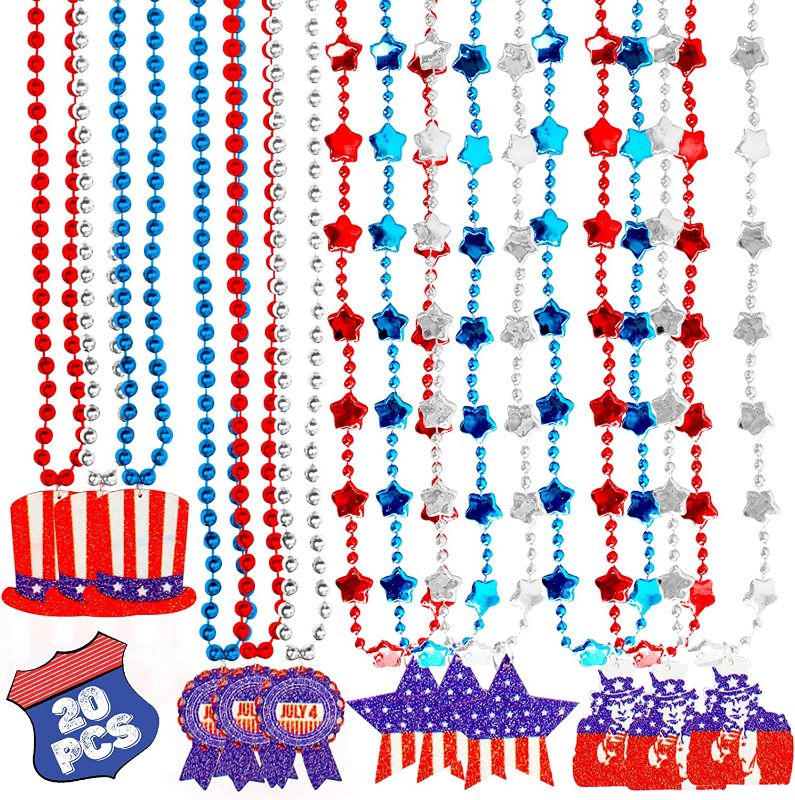 Photo 1 of 4th of July Patriotic Party Favor Necklaces, 20 PCS Red White Blue Star Bead Necklaces with Pendants for 4th/Fourth of July Party Supplies, Parade Decorations,Independence Day Accessorie
