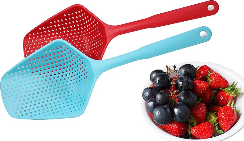 Photo 1 of 3 Pcs Food Strainer Scoop Colanders Nylon Kitchen Drain Shovel Strainers,Slotted Skimmer Strainer scoop with Handle for Water Leaking, Cooking (13.8 x 5.1 x 3.0 inches, Blue+Red(2Pcs))

