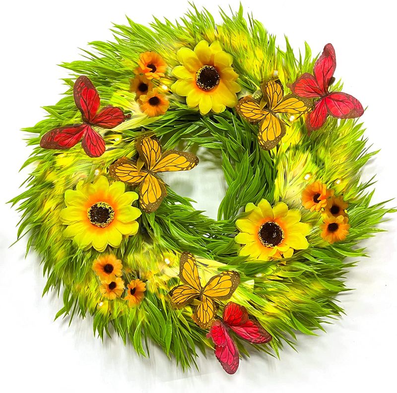 Photo 1 of 18" Prelit Summer Wreath Front Door Decor Artificial Sunflower Fall Wreath 30 Lights ,Battery Operated Boxwood Summer Wreath Decoration Spring Indoor Outdoor Home Window Wall Farmhouse
