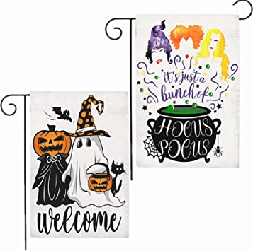 Photo 1 of 2 Pack Halloween Welcome Fall Garden Flags 12x18 Double Sided, Vertical Burlap Plaid Pumpkin Fall Thanksgiving Garden Flag, Trick or Treat Garden Flag for Home Garden Yard Outdoor Halloween Decor