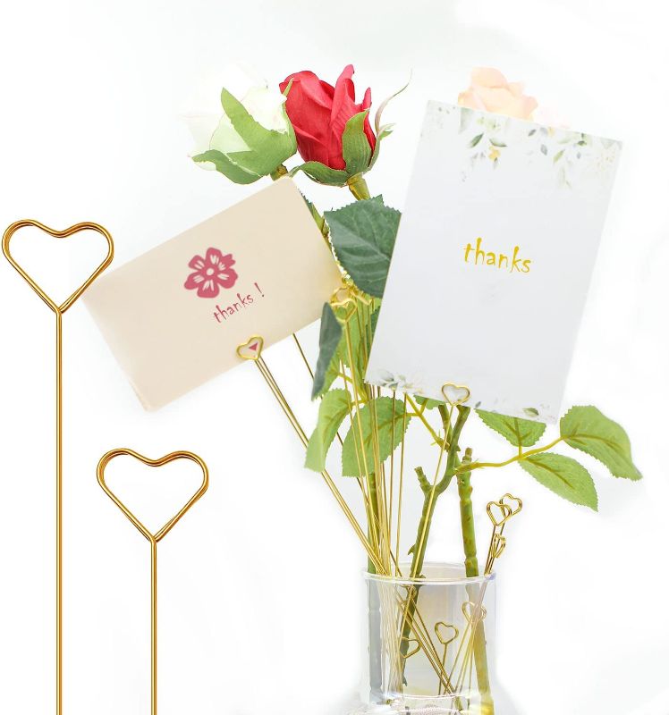 Photo 1 of 30pcs Wire Floral Card Holder Picks- Floral Sticks for Flower Arrangements-Gold Picture Holders for Centerpieces-Table Number Place Card Holders for Wedding Party-Memo Note Holders for Home Office