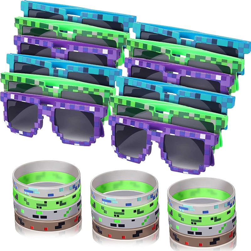Photo 1 of 24 Pieces Miner Party Set Include 12 Pixel Gamer Sunglasses Pixelated Glasses,12 Pixelated Theme Bracelet Miner Wristbands for Kids Adults Pixelated Style Game Player Birthday Party Favors

