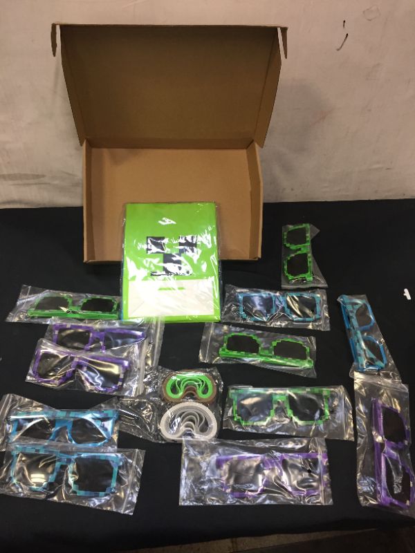 Photo 2 of 24 Pieces Miner Party Set Include 12 Pixel Gamer Sunglasses Pixelated Glasses,12 Pixelated Theme Bracelet Miner Wristbands for Kids Adults Pixelated Style Game Player Birthday Party Favors
