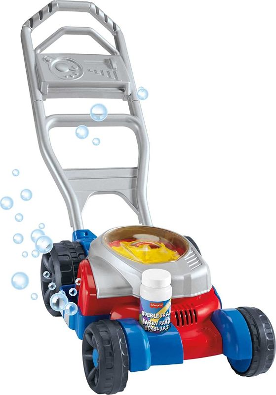 Photo 1 of Fisher-Price Bubble Mower, outdoor push-along toy lawnmower for toddlers and preschool kids, Box Packaging Damaged, Minor Use, Minor Scratches and Scuffs on Plastic, No Bubbles

