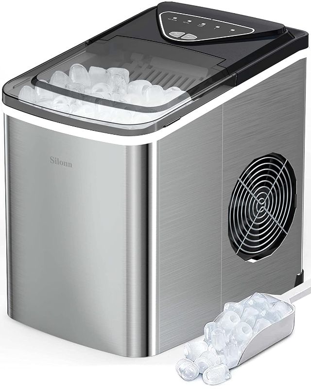 Photo 1 of Silonn Ice Makers Countertop, 9 Cubes Ready in 6 Mins, 26lbs in 24Hrs, Self-Cleaning Ice Machine with Ice Scoop and Basket, 2 Sizes of Bullet Ice for Home Kitchen Office Bar Party
