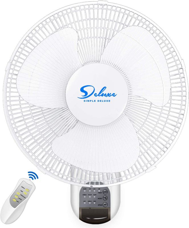 Photo 1 of Simple Deluxe 16 Inch Adjustable Tilt, Digital Household Wall Mount Fans, 90 Degree, 3 Speed Settings, 1 Pack, White
