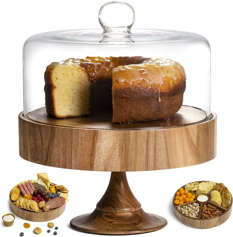Photo 1 of Kaxra Cake Stand, 6 in1 Multifunctional Wooden Cake Stands, Charcuterie Board, Cheese Board, Serving Platter Glass Dome Kitchen Gifts, Housewarming Gift, Desert, Pastries, Pies-12in, Brown (KX001)
