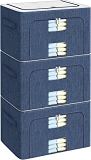 Photo 1 of 3 Pack Clothes Storage Organizer Bins Containers -Stackable Metal Frame Storage Bins Foldable Oxford Cloth Box for Clothing Storage with Clear Window & Reinforced Handles
