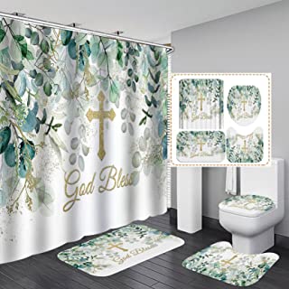 Photo 1 of Camille&Andrew 4PCS Eucalyptus Leaves Shower Curtain Set, Gold Glitter Inspirational Quotes Spring Watercolor Botanical Country Rustic Farmhouse White Bathroom Decor, Non-Slip Bath Mat, Green Plant
