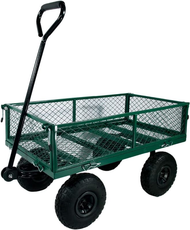 Photo 1 of Abacad Utility Garden Cart Wagon Heavy Duty, Mesh Steel Wagon cart, Yard cart with Removable Sides for Beach Farm Lawn Plants Firewood,Green
