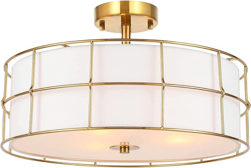 Photo 1 of Ludil Ceiling Light Fixture, 3 Lights Golden Flush Mount Ceiling Light, 16”Drum Ceiling Light Fixture with White Fabric Shade, Modern Kitchen Light Fixtures...
