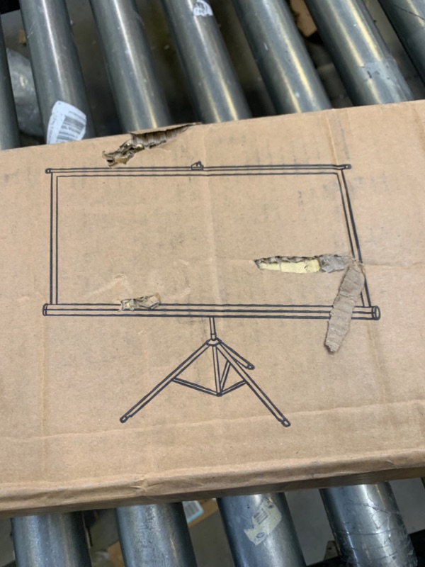 Photo 1 of 100 Inch 16:9 Portable Projector Screen With Tripod Stand, Box Packaging Damaged, Minor Use, Minor Scratches and Scuffs on Metal, Dent Metal as Shown, Item still Pulls out and Retracts