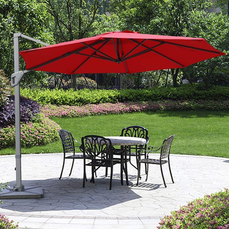 Photo 1 of BASE NOT INCLUDED. Blissun 11ft Offset Umbrella, Hanging Patio Umbrella with 360 Rotation, Outdoor Cantilever Umbrella, Outside Market Umbrella with Easy Tilt for Garden, Backyard, Patio, Pool, Item is Factory Sealed, Opened For Inspection, Item is New
