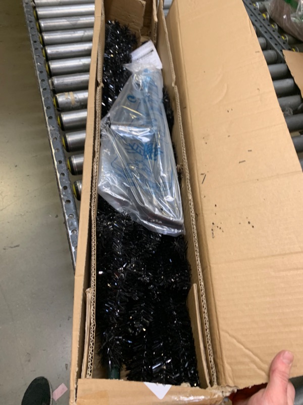 Photo 1 of Black Tinsel Christmas Tree, Box Packaging Damaged, Moderate Use, Scratches and Scuffs on item, Missing Parts to Tree
