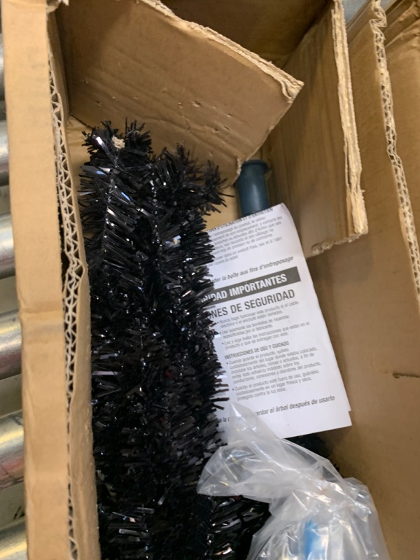 Photo 4 of Black Tinsel Christmas Tree, Box Packaging Damaged, Moderate Use, Scratches and Scuffs on item, Missing Parts to Tree
