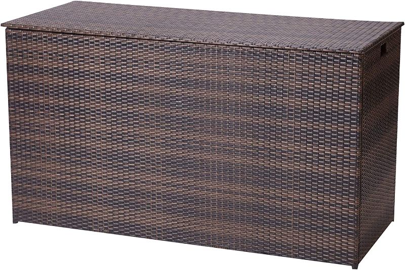 Photo 1 of Teamson Home 154 Gallon Wicker Patio Storage Box, Water Resistant Household Storage, Outdoor Deck Storage for Cushions, Pillows, Pool Accessories, Dark Brown
