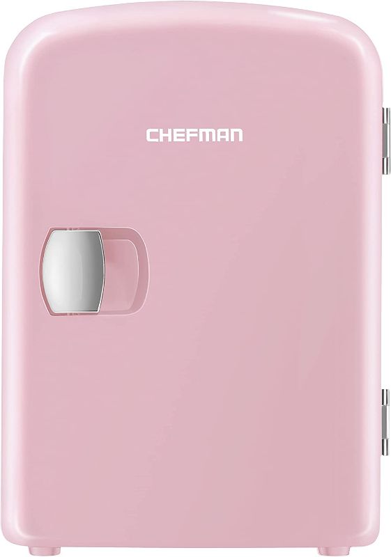 Photo 1 of Chefman Mini Portable Pink Personal Fridge Cools Or Heats & Provides Compact Storage For Skincare, Snacks, Or 6 12oz Cans W/ A Lightweight 4-liter Capacity To Take On The Go
