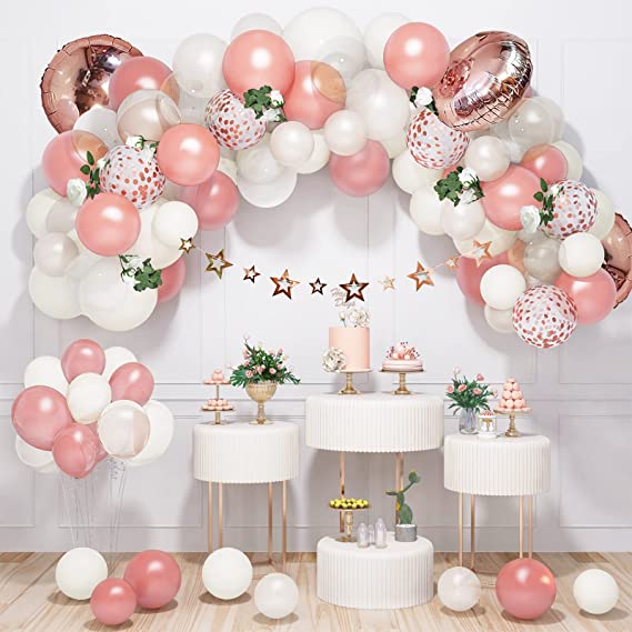 Photo 1 of  Rose Gold White Balloon Garland Arch Kit with Vine, Floral Party Decorations Clear Latex Confetti Balloons Star Banner for Birthday Bachelorette Baby Shower Wedding Photo Backdrop, A-rose