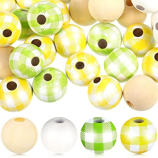 Photo 1 of 160 Pieces Plaid Wood Bead Natural Wood Beads Rustic Colored Craft Beads Farmhouse Round Bead DIY Spacer Bead for Christmas Garland Making Home Party Decor (Fresh Colors)