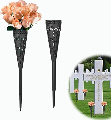 Photo 1 of 16 Inch Memorial Floral Vase , Memorial Cemetery Floral Decoration, Plastic Headstones Flower Markers Vase Holder with Long Spike Stake and Drainage Holes for Graves Garden Lawn Decor (Cone-2pcs)