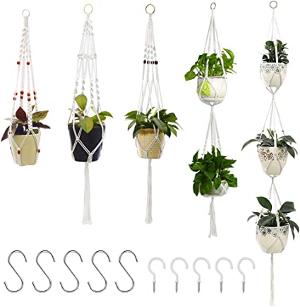 Photo 1 of 5 Pack Macrame Plant Hanger, Handmade Cotton Rope Flower Pots Holder Hanging Planters with 10 Hooks for Indoor Outdoor Boho Home Decor