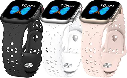 Photo 1 of 3 Pack Women Watch Band - Compatible with Apple Watch Band 38mm 40mm 44mm 42mm 45mm 41mm, Thin Slim Sports Lace Silicone Hollow Out iWatch Strap for iWatch Series 8 7 6 5 4 3 2 1 SE 2PACK
