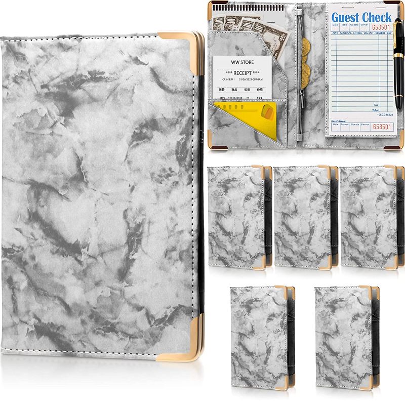 Photo 1 of 6 Pcs Waitress Server Books Guest Book Note Pad Leather Money Organizer Wallet Book Organizer Waiter Cash Check Bill Receipt Holder with Zipper Pocket for Waitstaff Fit Apron (Marble Metal Rim Style)
