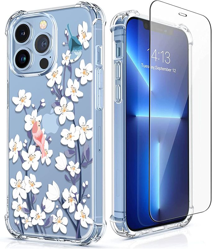 Photo 1 of [5-in-1] RoseParrot iPhone 13 Pro Max Case with Screen Protector + Ring Holder + Waterproof Pouch, Clear with Floral Pattern Design, Shockproof Protective Cover
